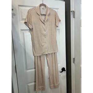 Staykation Pajama Set Bamboo Viscose Ribbed Gingham Tan White Medium Cottagecore